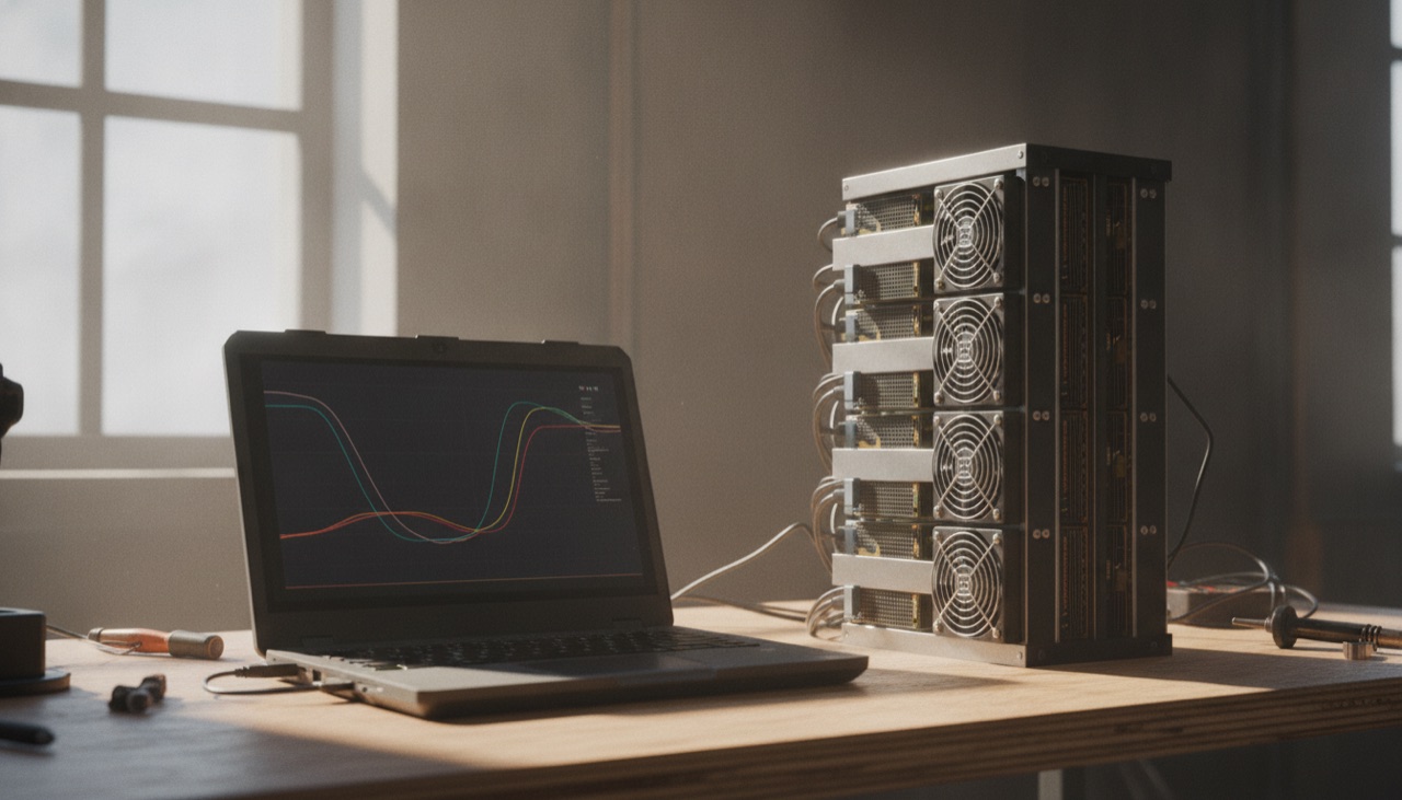Ein Laptop neben einem Stapel ASIC-Miner