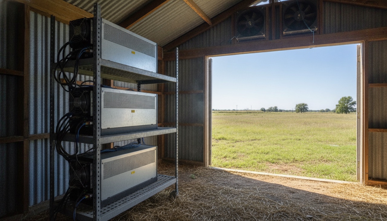 Zwei Miner auf einem Rack in einem belüfteten Schuppen