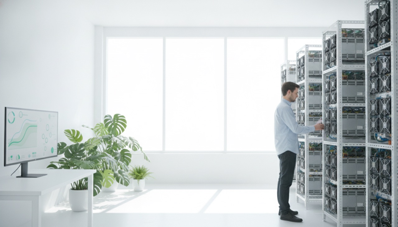 Un técnico junto a bastidores de mineros ASIC con un monitor de panel de control