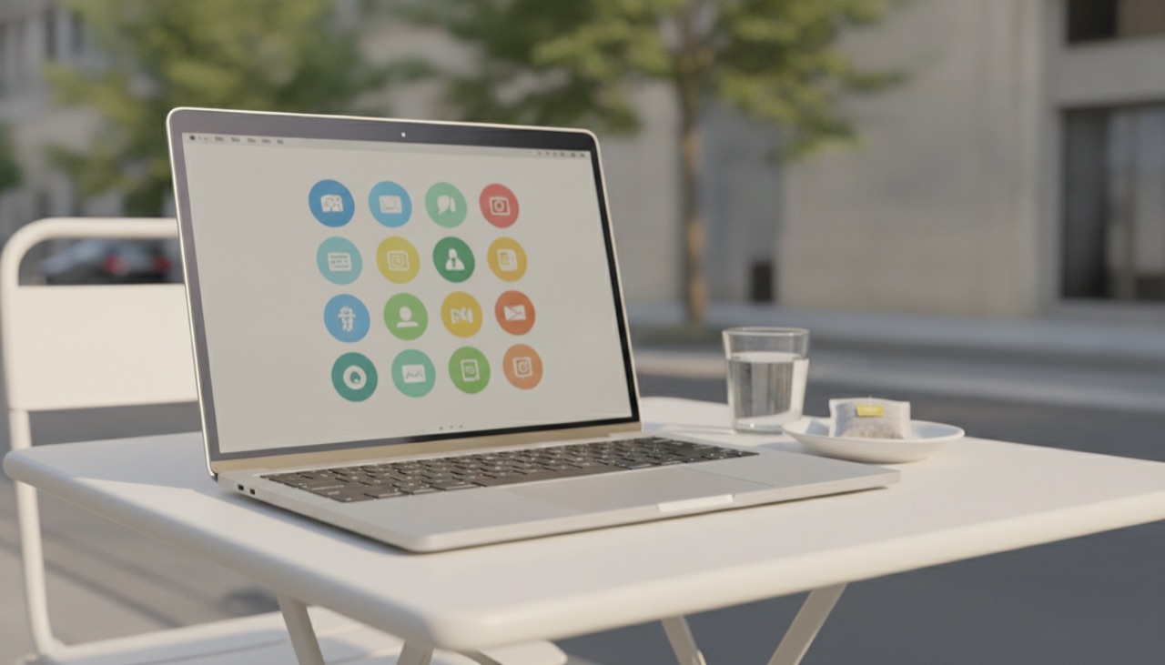 Ein Mac-Laptop mit einem Raster aus Apps auf einem Café-Tisch