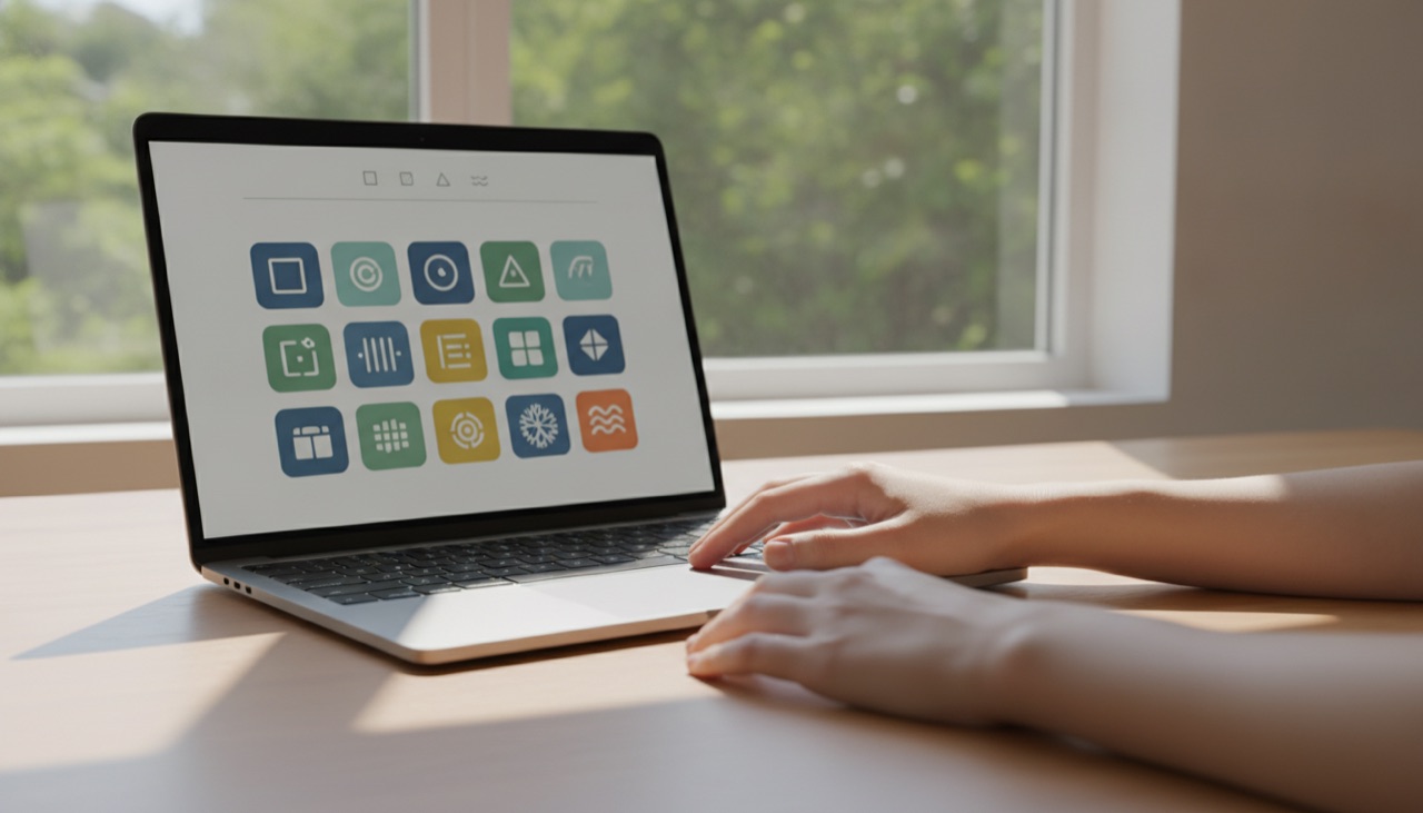 Hände neben einem Mac-Laptop, der App-Kacheln zeigt