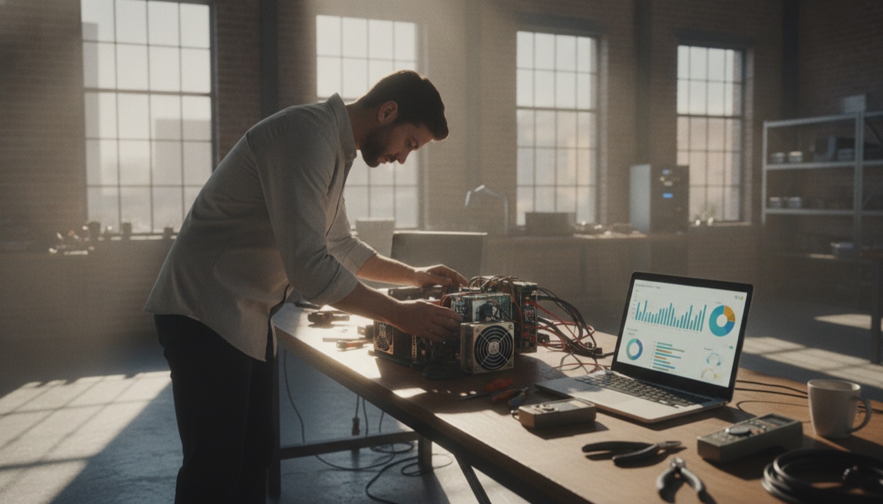 Ein Techniker prüft einen ASIC-Miner auf einer Werkbank, daneben ein Laptop mit Dashboard