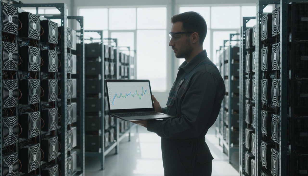 Ein Techniker prüft die Hashrate auf einem Laptop neben ASIC-Racks