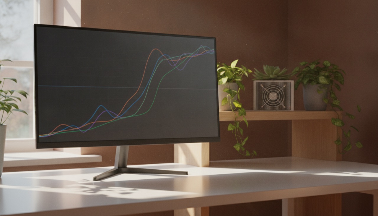 Ein Hashrate-Diagramm auf einem Monitor in einem hellen Büro