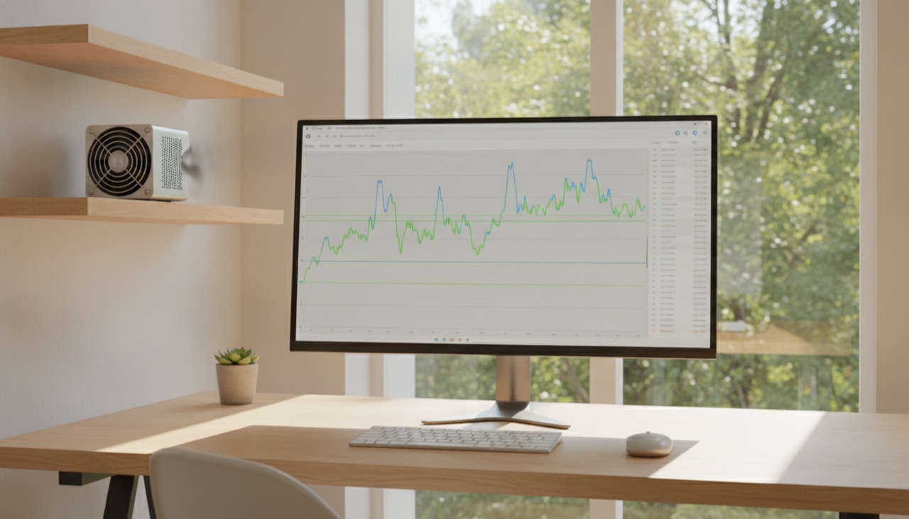 نمودار hashrate و فهرست workerها روی مانیتور در یک دفتر روشن