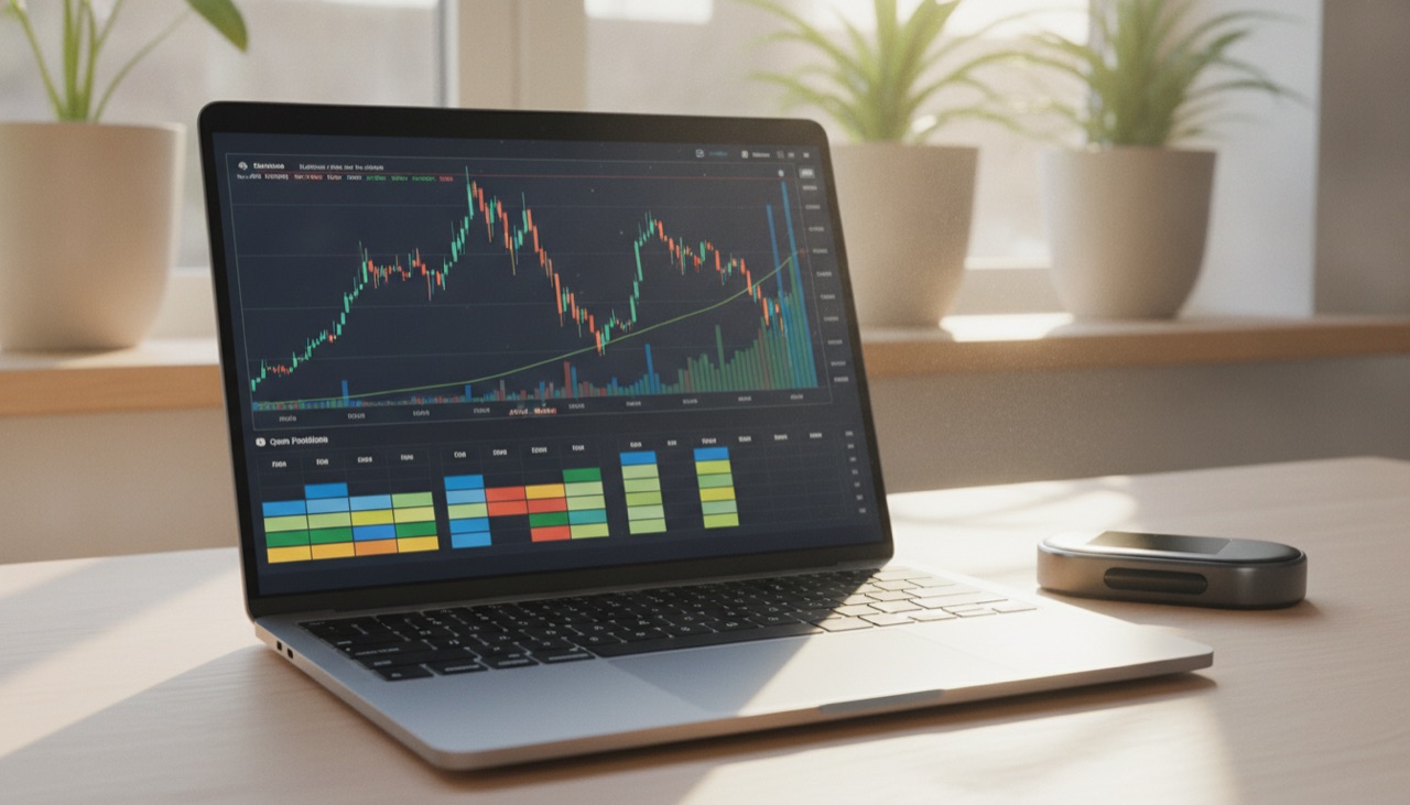 حاسوب محمول عليه مخطط للعقود الآجلة الدائمة وجدول بالمراكز المفتوحة