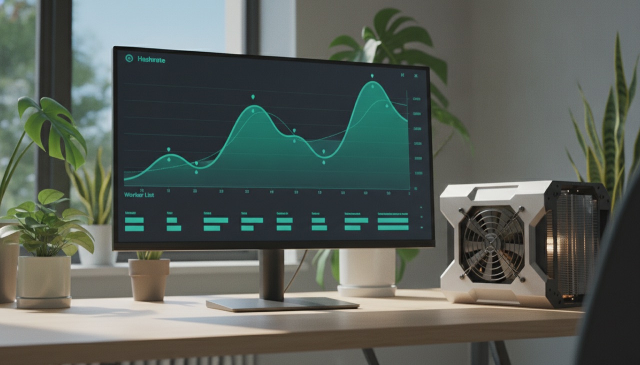 Ein Mining-Pool-Dashboard mit Hashrate-Diagramm und Worker-Liste auf einem Monitor