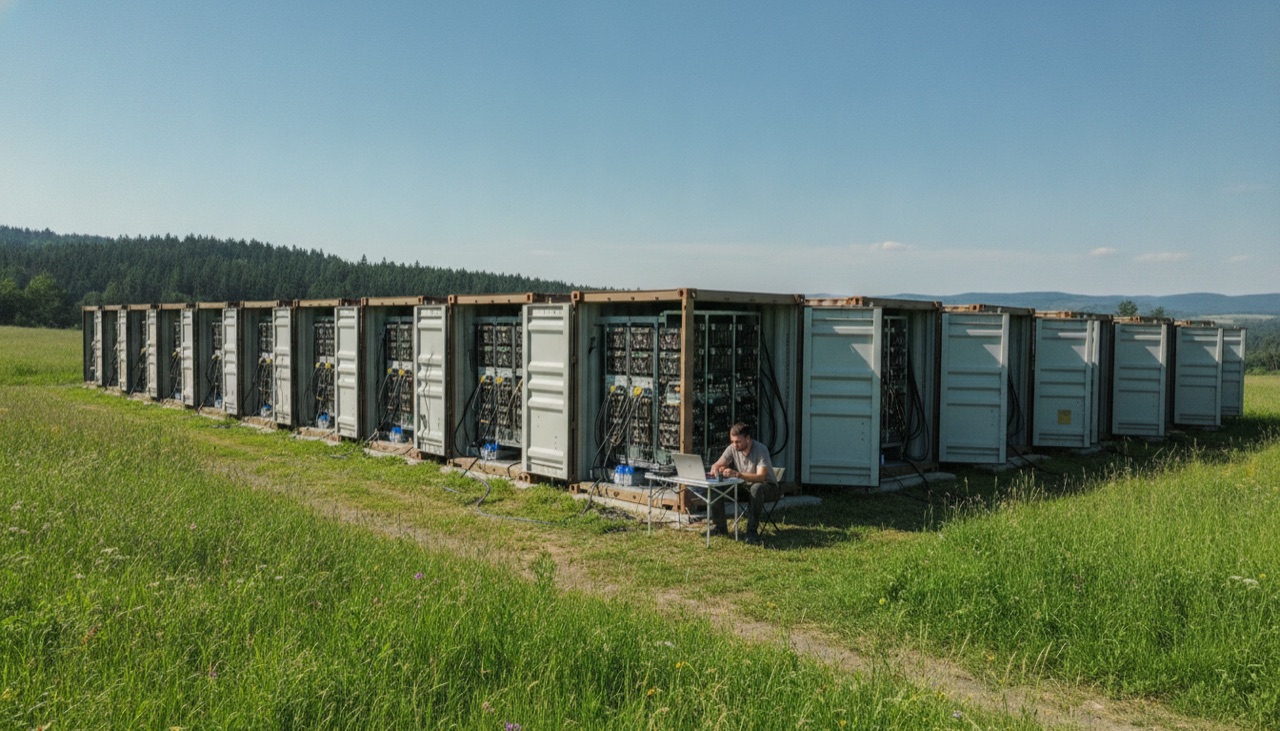Eine Container-Mining-Anlage an einem grünen Hang unter klarem Himmel