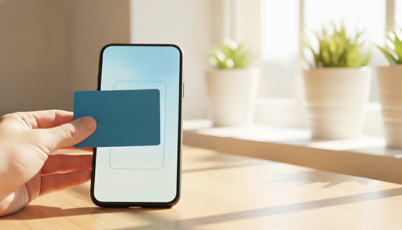 Uma mão com um cartão ao lado de um aplicativo de smartphone em uma mesa clara junto à janela