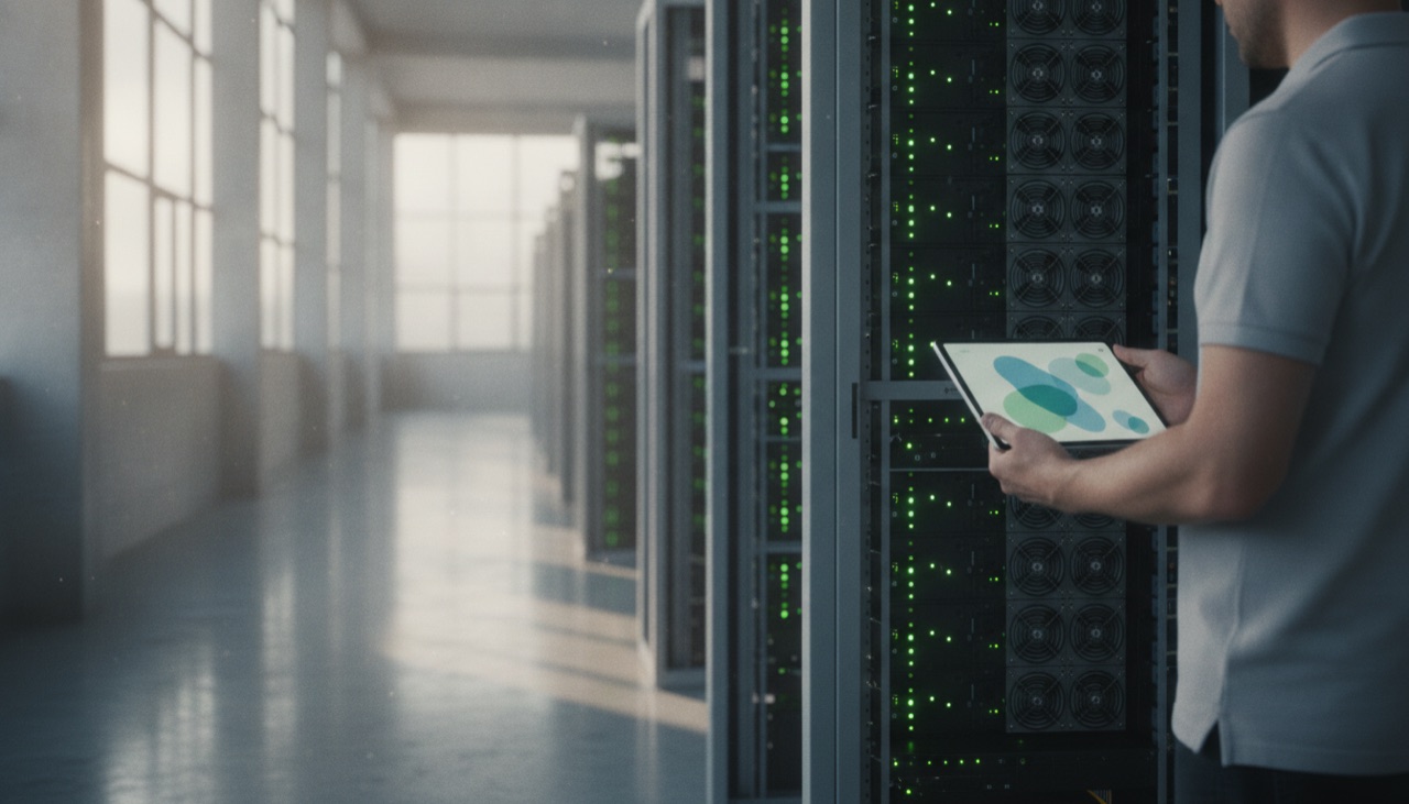 Ein Techniker mit Tablet neben Racks mit ASIC-Minern in einer hellen Halle
