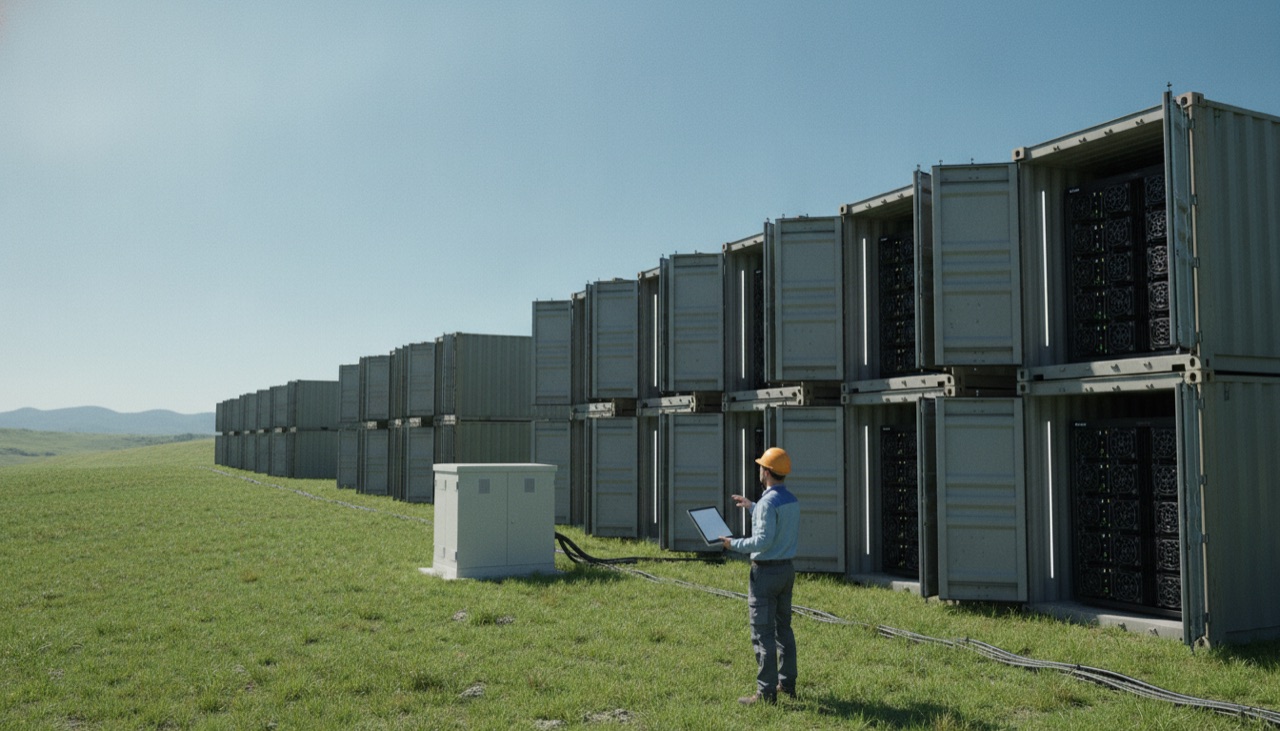 Eine Container-Mining-Anlage an einem grünen Hang unter klarem Himmel