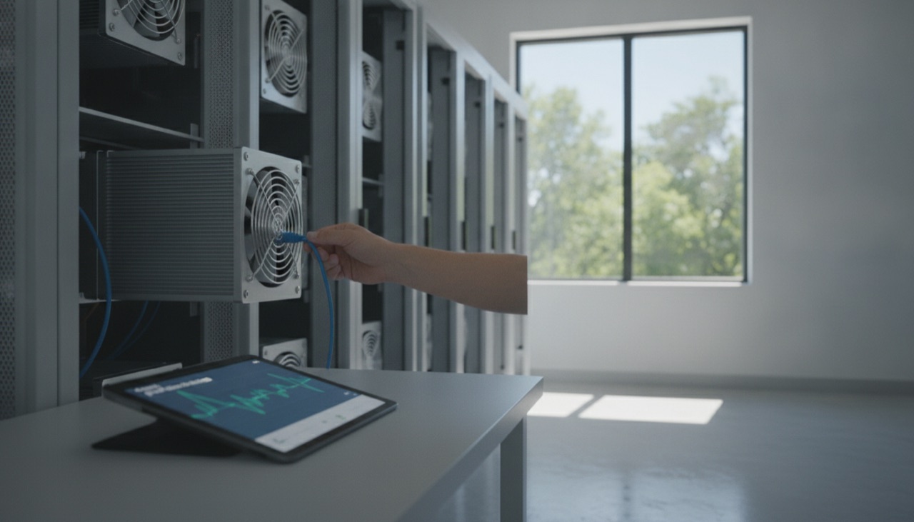 یک تکنسین کابلی را به یک ماینر ASIC وصل می‌کند، کنار تبلتی با نمودار هش‌ریت