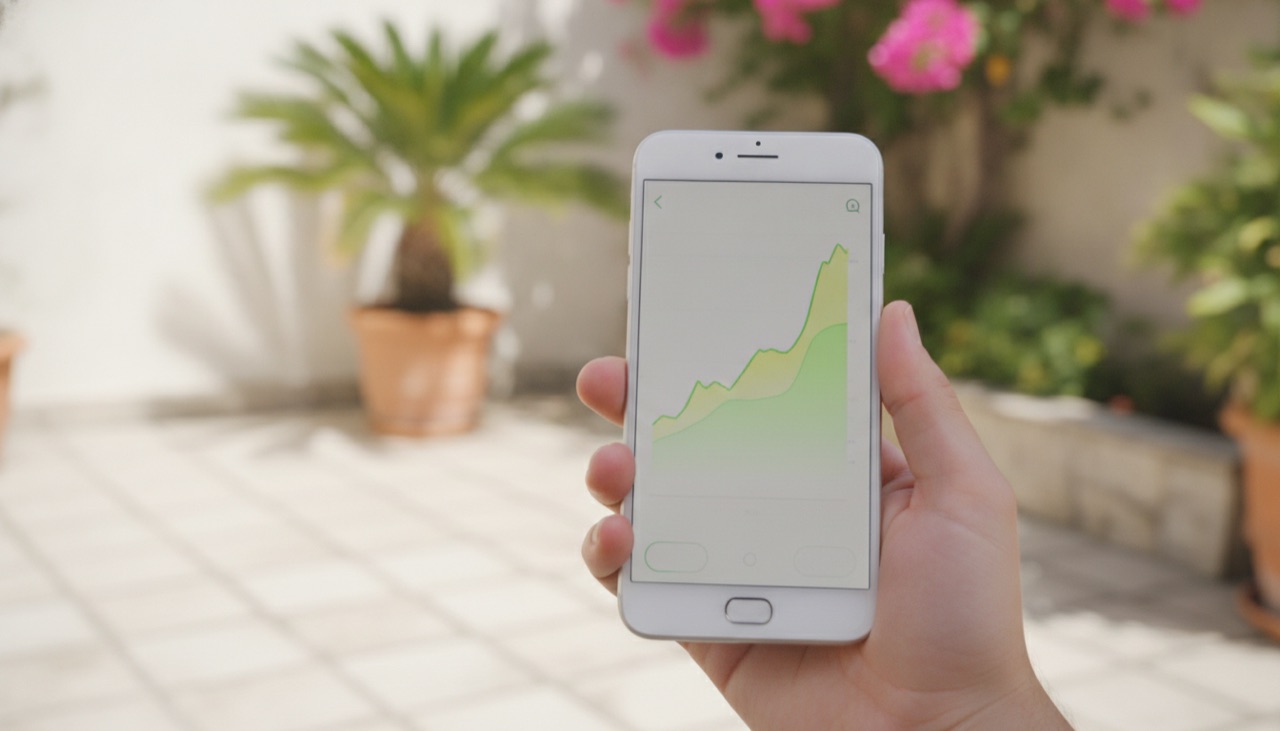 Eine Hand hält ein Smartphone mit einer Krypto-Börsen-App und einem Kurschart auf einer sonnigen Terrasse