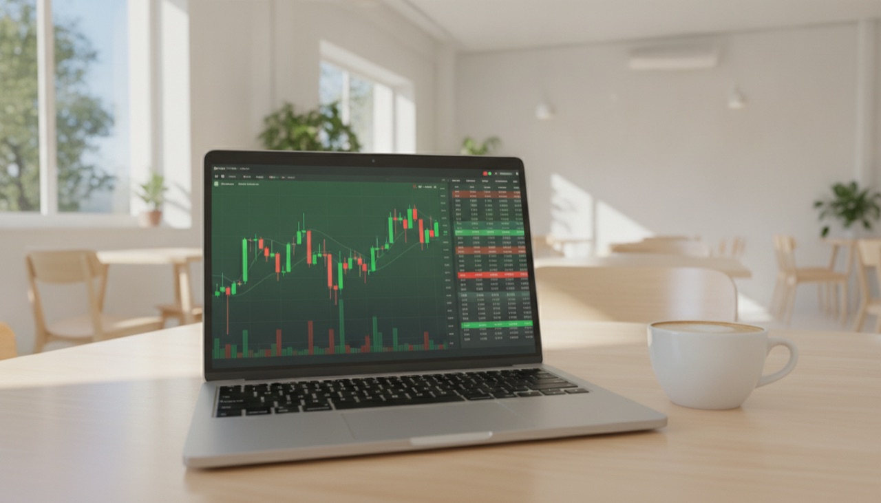 Ein Laptop mit einem Trading-Terminal, Kerzenchart und Orderbuch in einem hellen Café
