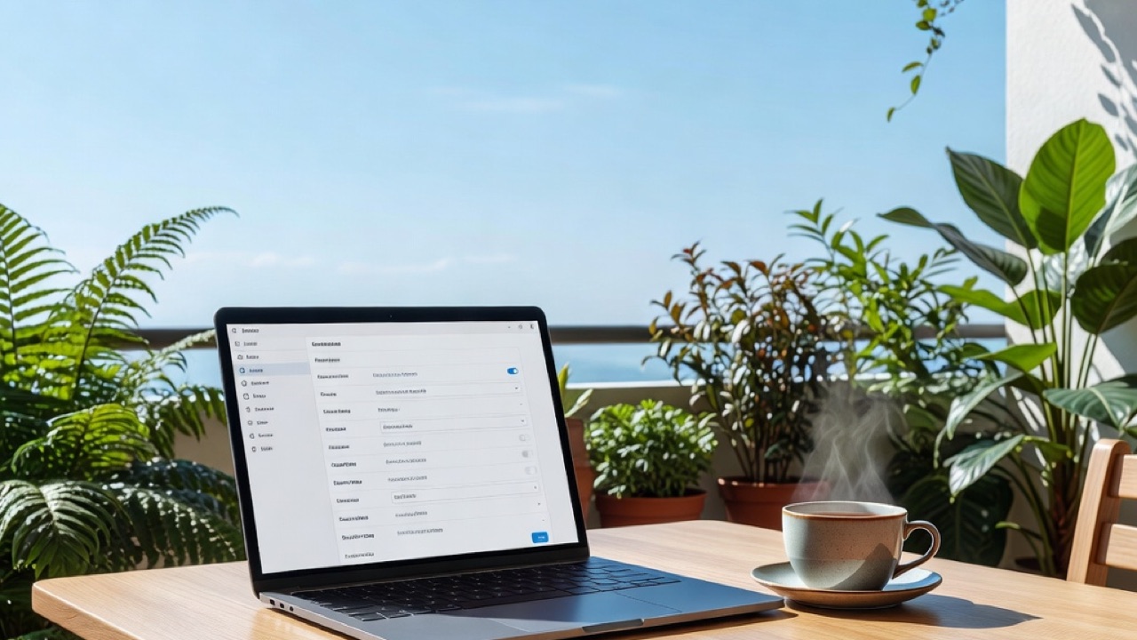 Ein sonniger Balkon mit einem Laptop, auf dem ein Formular für Netzwerkeinstellungen zu sehen ist, dazu eine Tasse Tee und grüne Pflanzen
