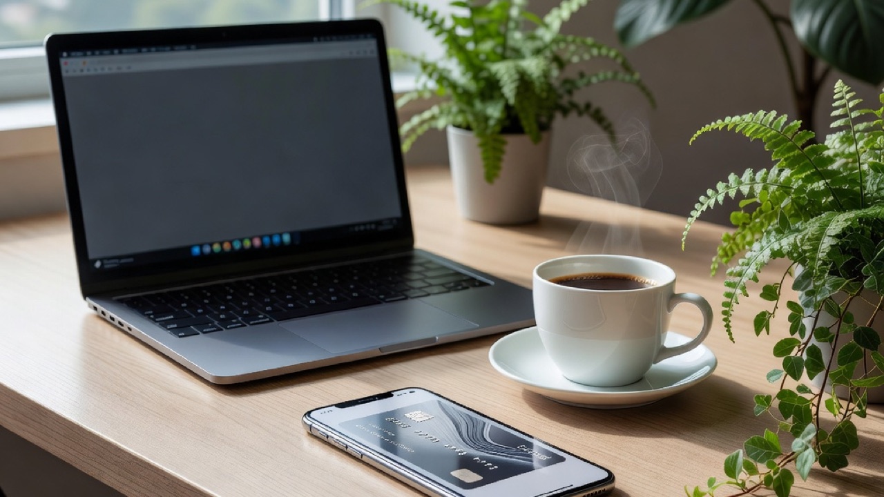 Ein Smartphone mit einer virtuellen Karte, eine Kaffeetasse und ein Laptop auf einem hellen Schreibtisch am Fenster