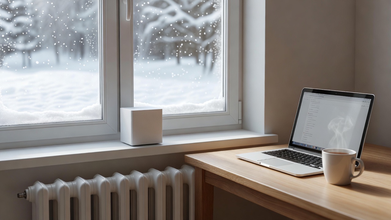 Ein kompakter weißer Miner auf einer Fensterbank neben einem Heizkörper, ein Laptop und eine Tasse Tee auf dem Schreibtisch