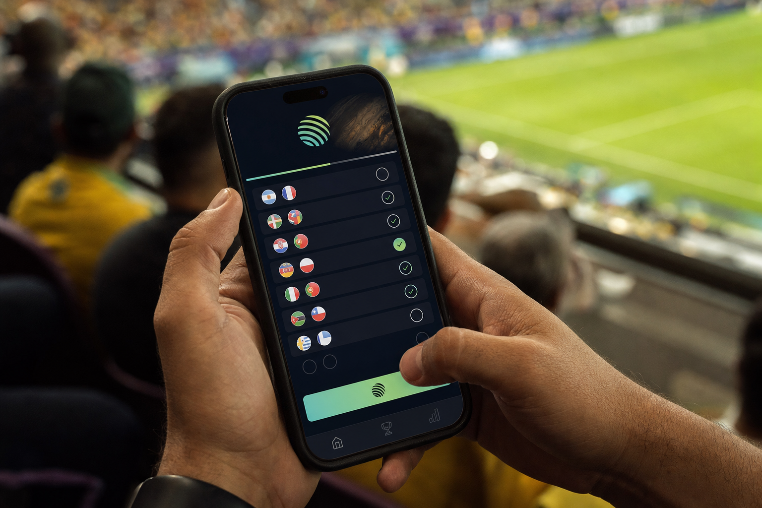 Selecionando 5 partidas de grupo no Desafio da Copa do Mundo de Júpiter em seu smartphone - POOL BTC