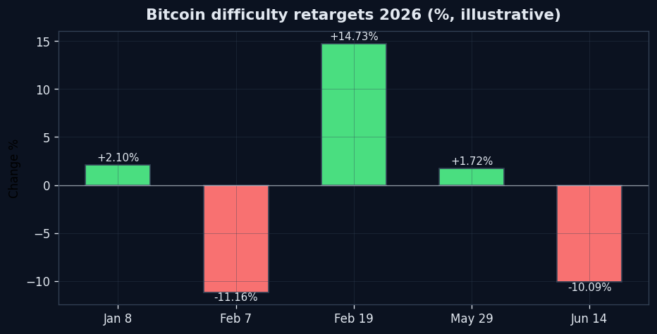 График пересчётов сложности Bitcoin в 2026 - POOL BTC