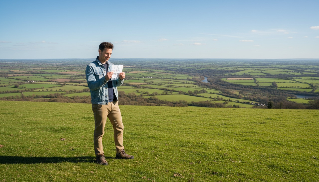 A lone miner on a sunny hill holding a paper ticket