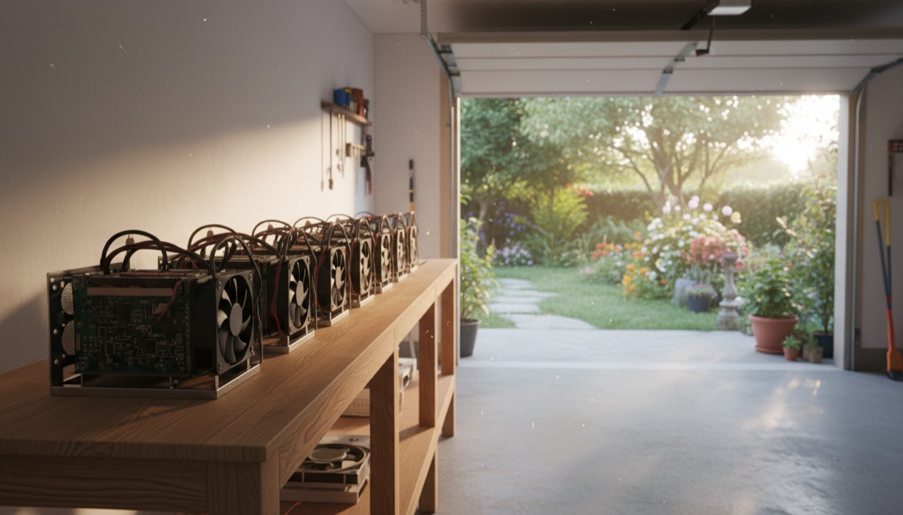 A row of miners on a shelf in a bright garage with a garden outside