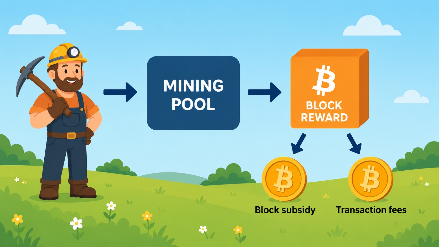 Diagram: miner, pool and the block reward split into subsidy and fees, POOL BTC