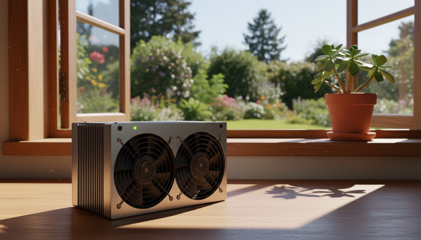 عامل تعدين ASIC مدمج على الطاولة بجانب النافذة، POOL BTC